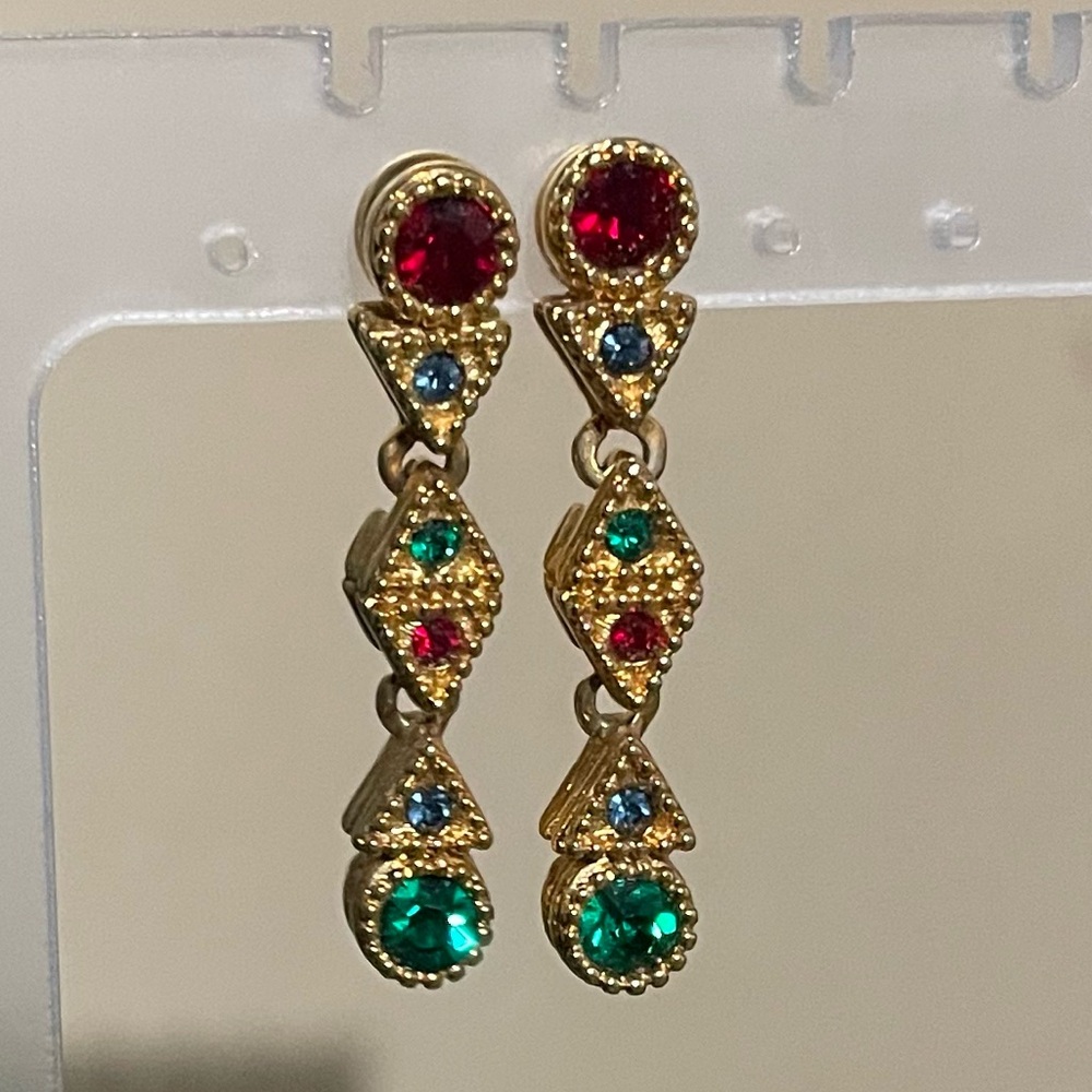Vintage 80s Swarovski Multi Crystal Gold Tone Dangle Earrings